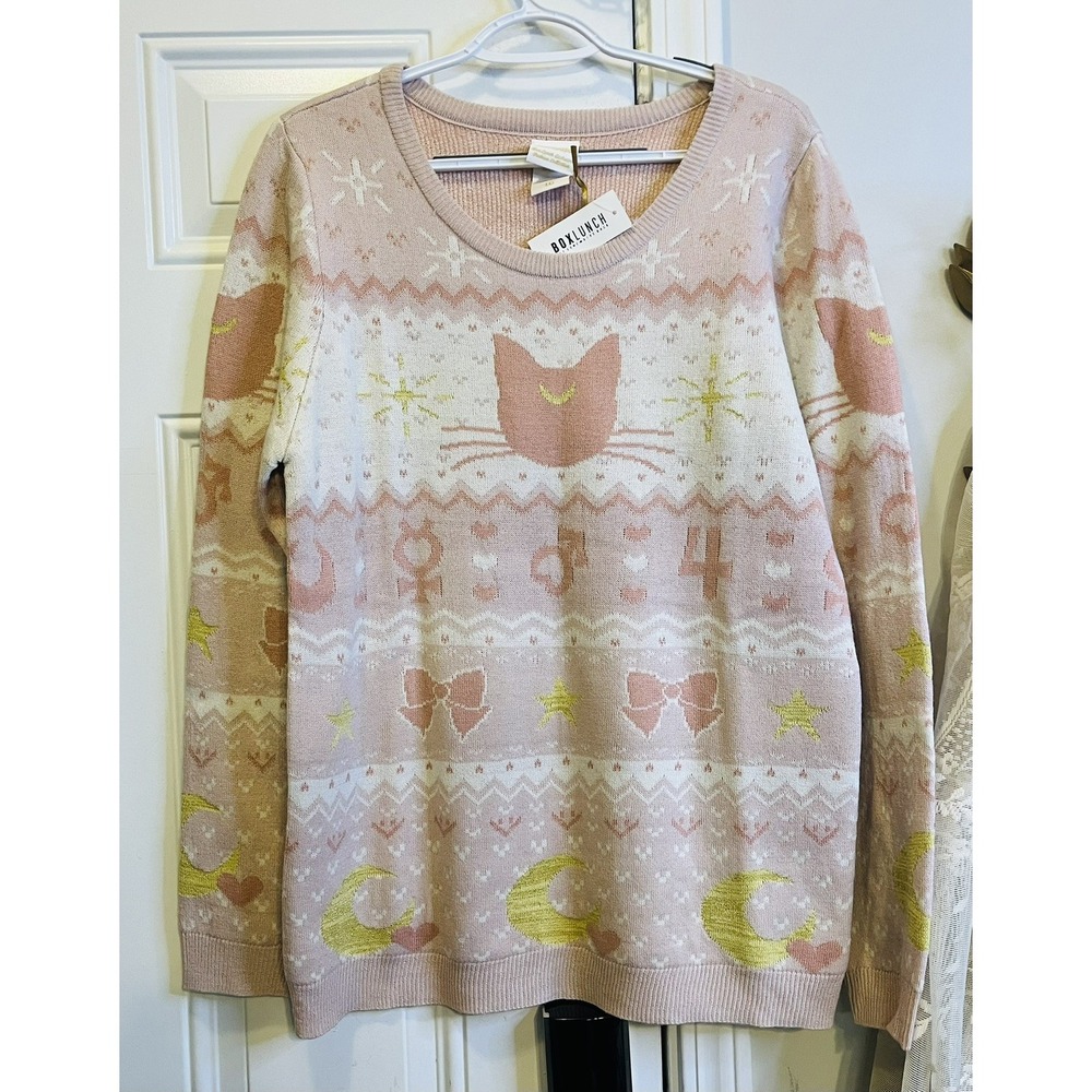 Sailor Moon Luna Pink Kawaii Box Lunch Fair Isle Intarsia Women L Sweater Anime